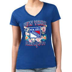 New York Rangers G-III 4Her by Carl Banks Women's Super-Slim Fit Lightweight Flower Logo V-Neck T-Shirt - Blue - NHL
