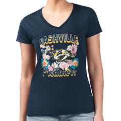Nashville Predators G-III 4Her by Carl Banks Women's Super-Slim Fit Lightweight Flower Logo V-Neck T-Shirt - Navy - NHL