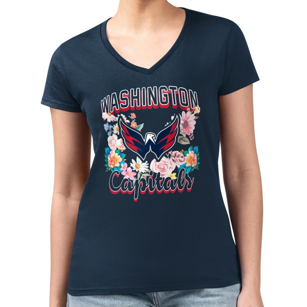 Washington Capitals G-III 4Her by Carl Banks Women's Super-Slim Fit Lightweight Flower Logo V-Neck T-Shirt - Navy - NHL