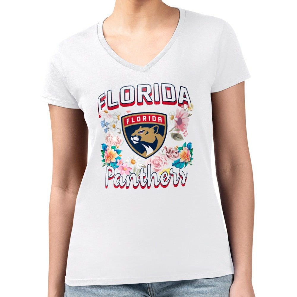 Florida Panthers G-III 4Her by Carl Banks Women's Super-Slim Fit Lightweight Flower Logo V-Neck T-Shirt - White - NHL
