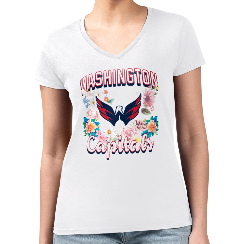 Washington Capitals G-III 4Her by Carl Banks Women's Super-Slim Fit Lightweight Flower Logo V-Neck T-Shirt - White - NHL