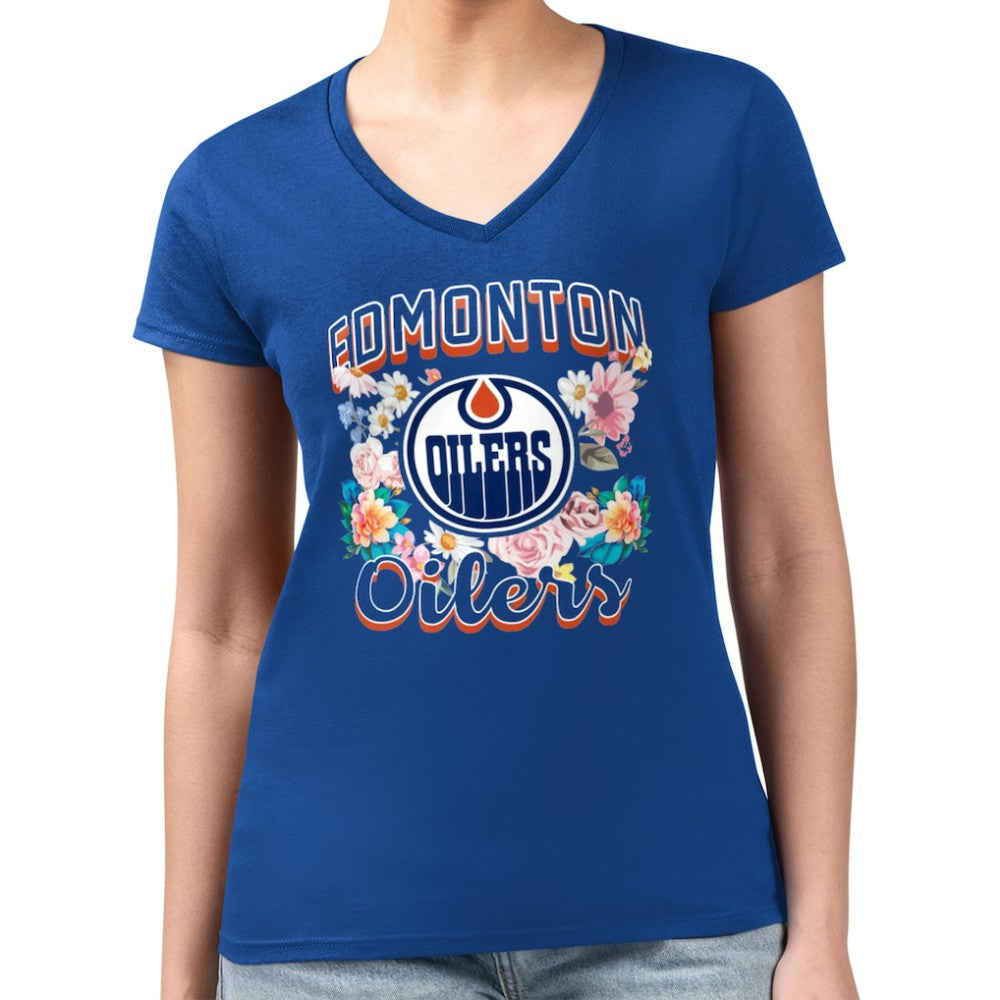 Edmonton Oilers G-III 4Her by Carl Banks Women's Super-Slim Fit Lightweight Flower Logo V-Neck T-Shirt - Royal - NHL