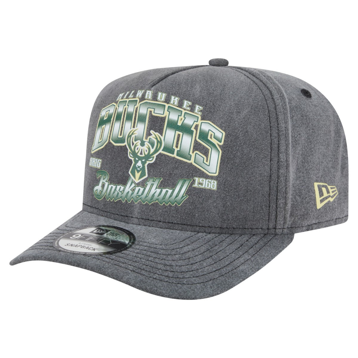 Milwaukee Bucks Throwback Washed Pre-Curved 9FIFTY Snapback Hat Charcoal - NBA