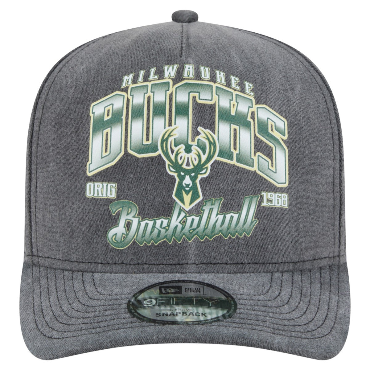 Milwaukee Bucks Throwback Washed Pre-Curved 9FIFTY Snapback Hat Charcoal - NBA