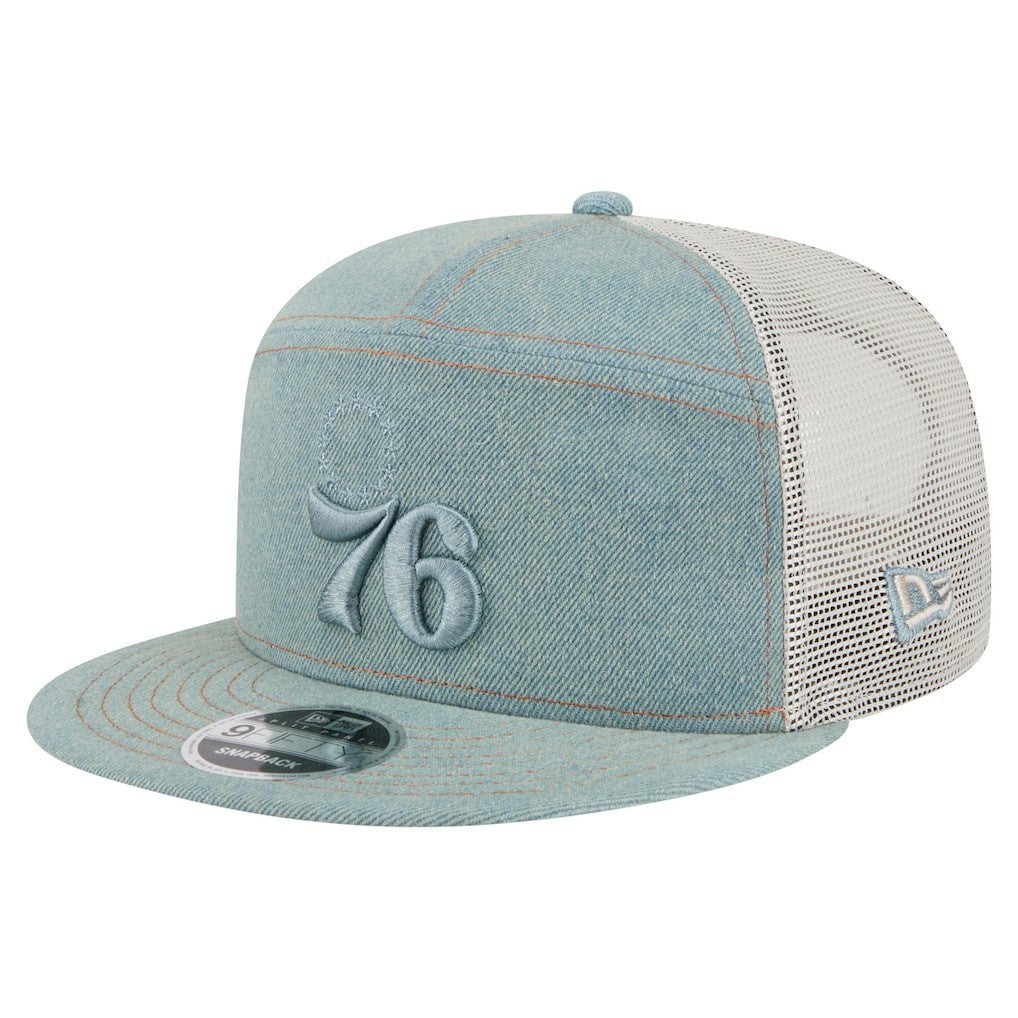 Philadelphia 76ers Adventure Denim Split Panel 9FIFTY Snapback Trucker Hat - NBA