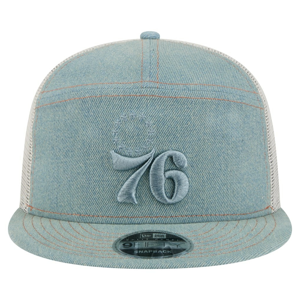 Philadelphia 76ers Adventure Denim Split Panel 9FIFTY Snapback Trucker Hat - NBA