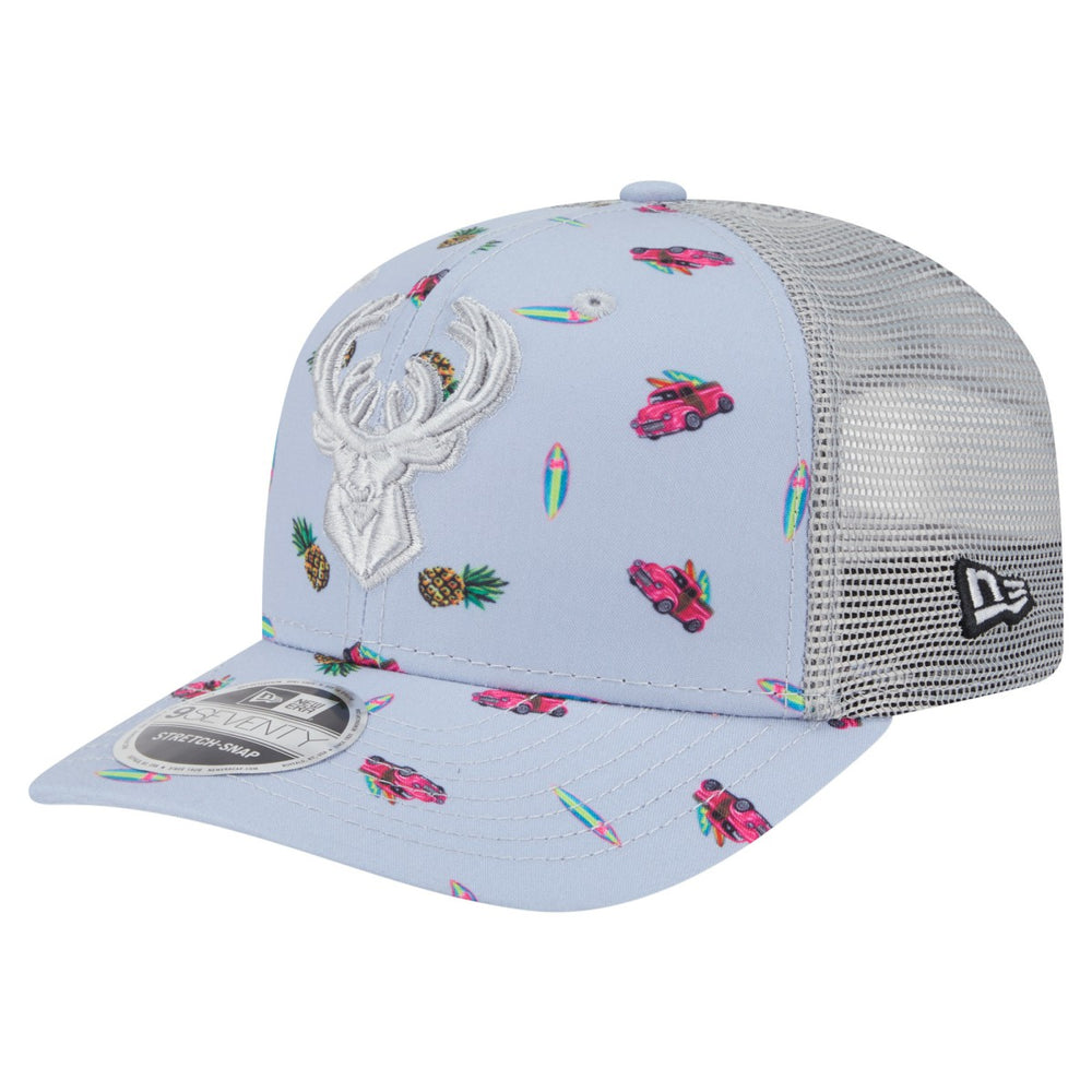 Milwaukee Bucks Adventure Aloha Pattern 9SEVENTY Stretch-Snap Hat Light Blue/Gray - NBA