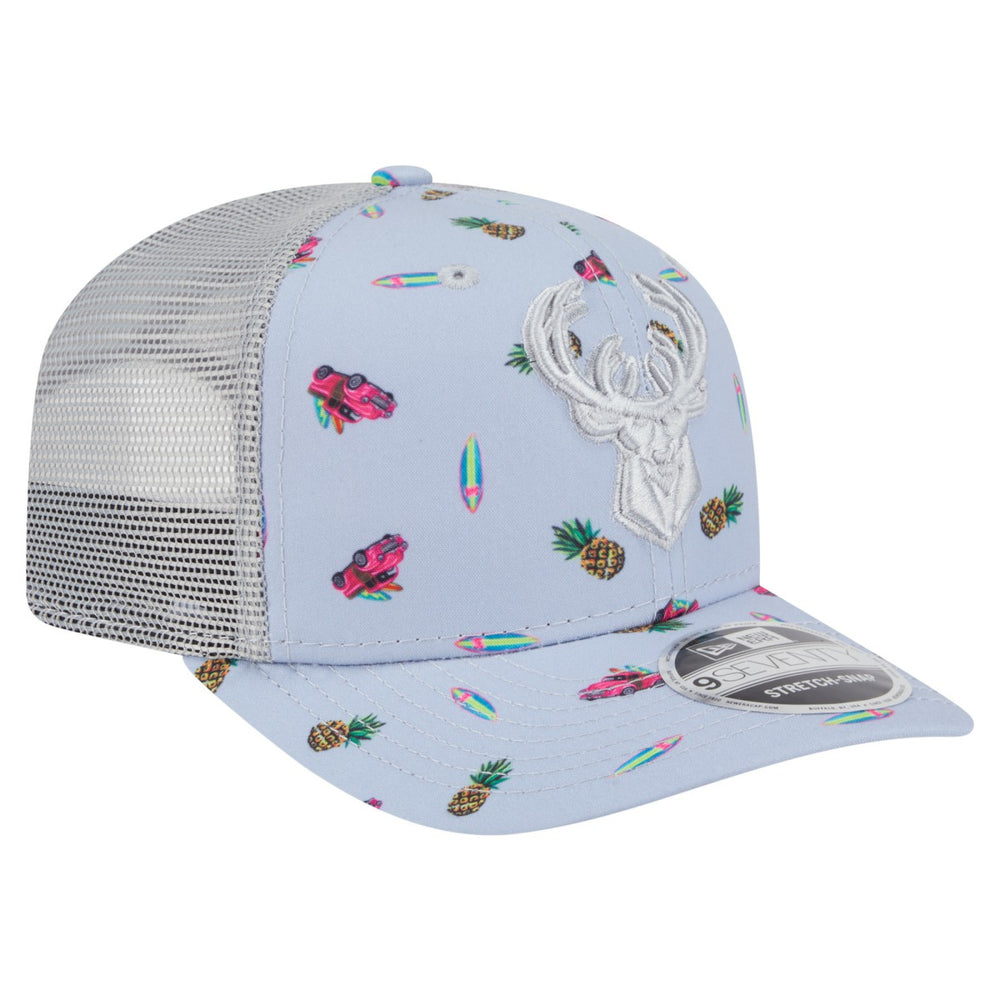 Milwaukee Bucks Adventure Aloha Pattern 9SEVENTY Stretch-Snap Hat Light Blue/Gray - NBA
