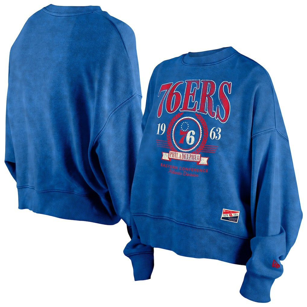 Philadelphia 76ers Women's Throwback Vintage Enzyme Wash Oversized Boxy Pullover Sweatshirt Royal - NBA