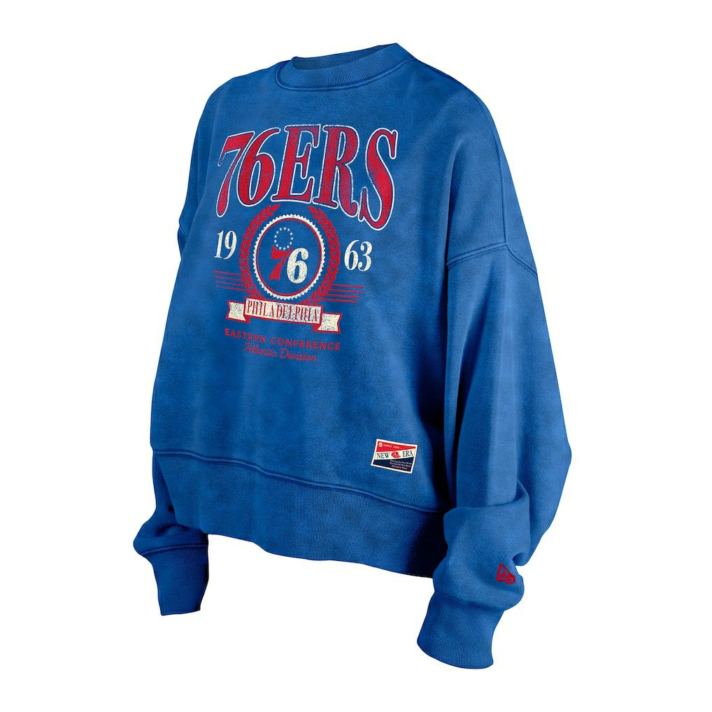 Philadelphia 76ers Women's Throwback Vintage Enzyme Wash Oversized Boxy Pullover Sweatshirt Royal - NBA