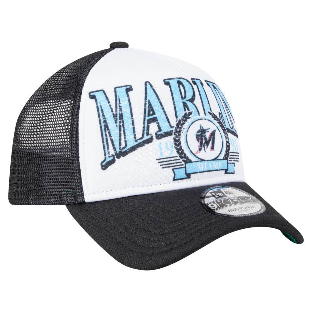 Miami Marlins New Era Distressed 9FORTY A-Frame Adjustable Trucker Hat - MLB