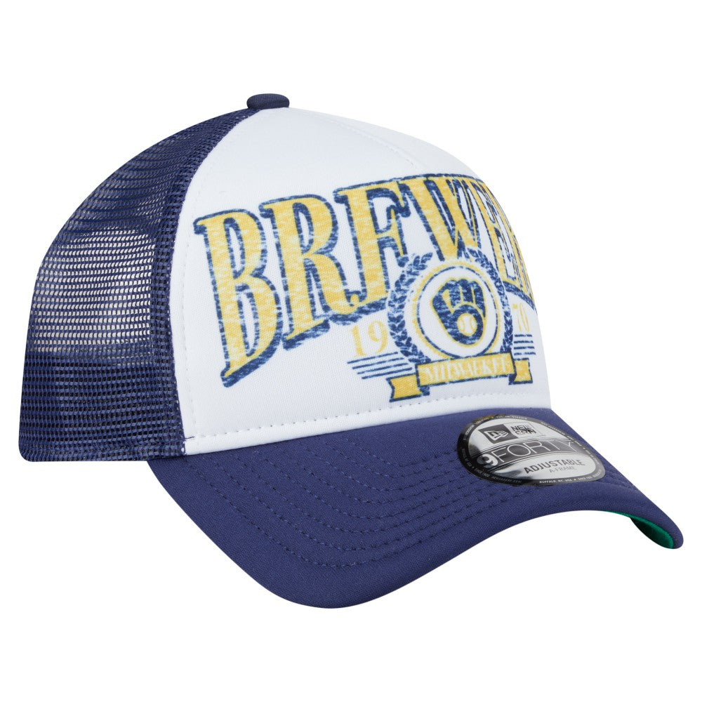 Milwaukee Brewers New Era Distressed 9FORTY A-Frame Adjustable Trucker Hat - MLB