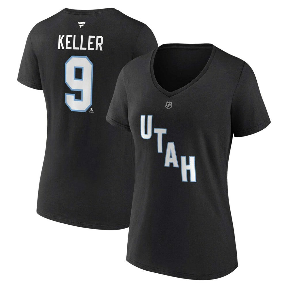 Clayton Keller Utah Mammoth Fanatics Women's Authentic Stack Name & Number V-Neck T-Shirt - Black - NHL