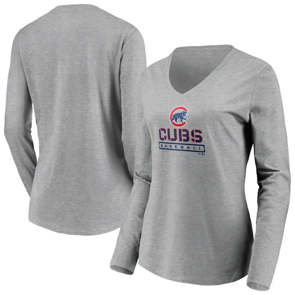 Chicago Cubs Women's Evanston Stencil Long Sleeve V-Neck T-Shirt - MLB