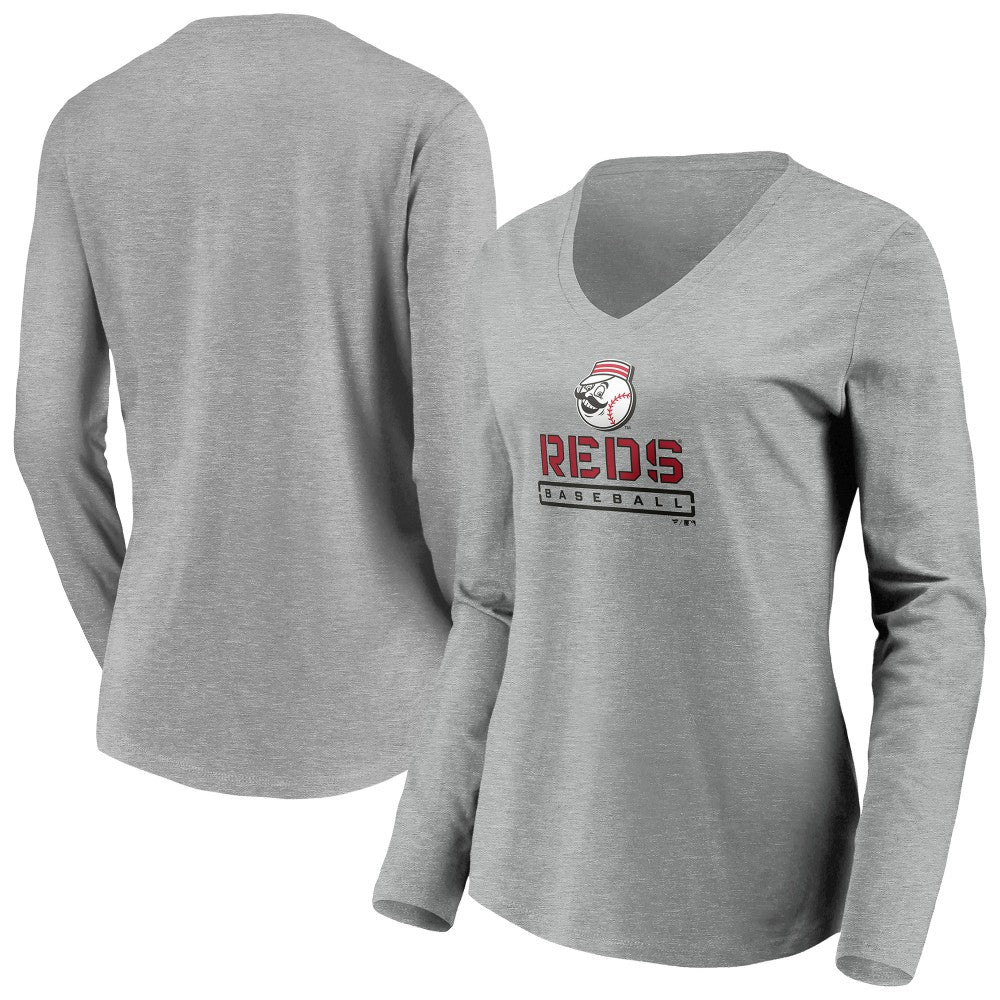 Cincinnati Reds Women's Evanston Stencil Long Sleeve V-Neck T-Shirt - MLB