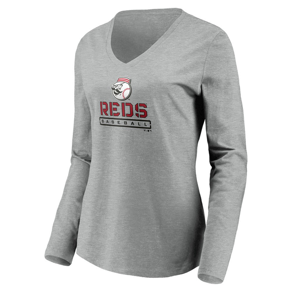 Cincinnati Reds Women's Evanston Stencil Long Sleeve V-Neck T-Shirt - MLB