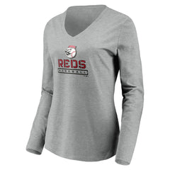 Cincinnati Reds Women's Evanston Stencil Long Sleeve V-Neck T-Shirt - MLB