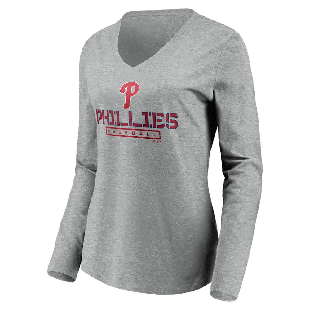 Philadelphia Phillies Women's Evanston Stencil Long Sleeve V-Neck T-Shirt - MLB
