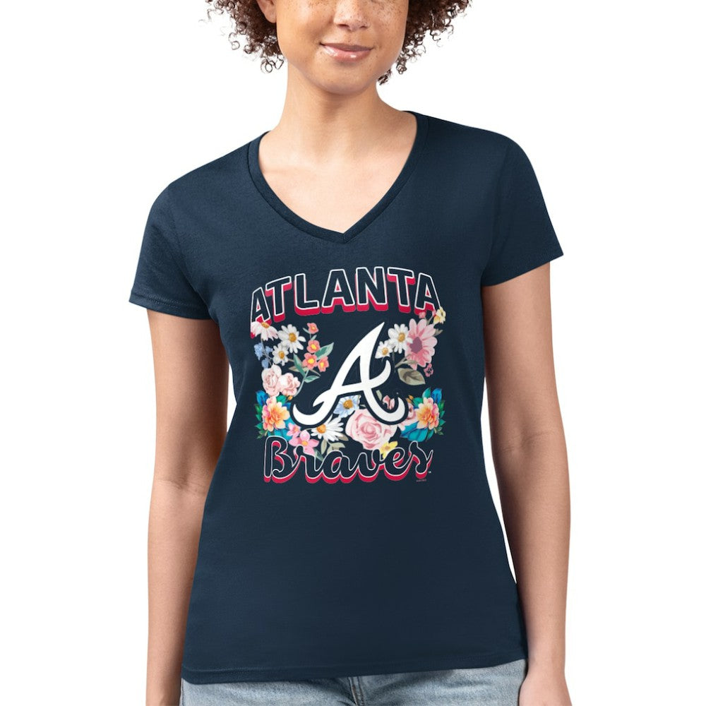 Atlanta Braves G-III 4Her by Carl Banks Women's Super-Slim Fit Lightweight Flowers Graphic V-Neck T-Shirt - MLB