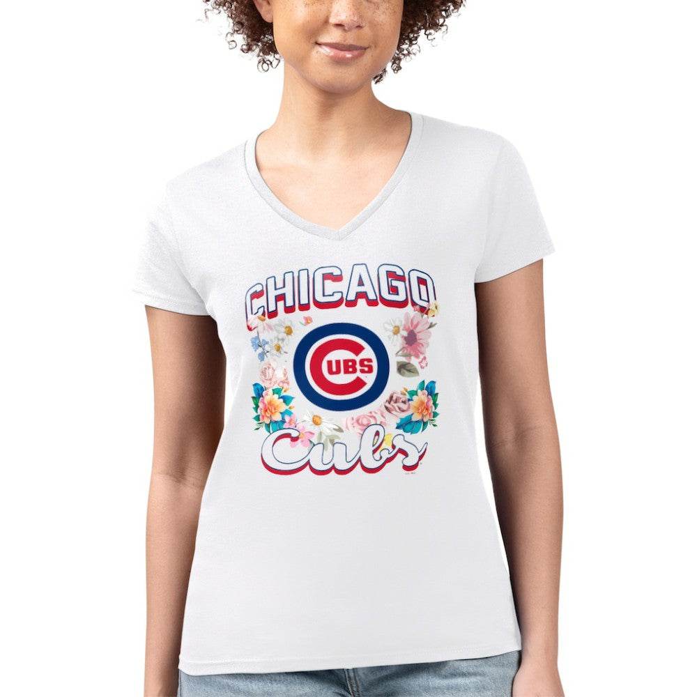 Chicago Cubs G-III 4Her by Carl Banks Women's Super-Slim Fit Lightweight Flowers Graphic V-Neck T-Shirt - MLB