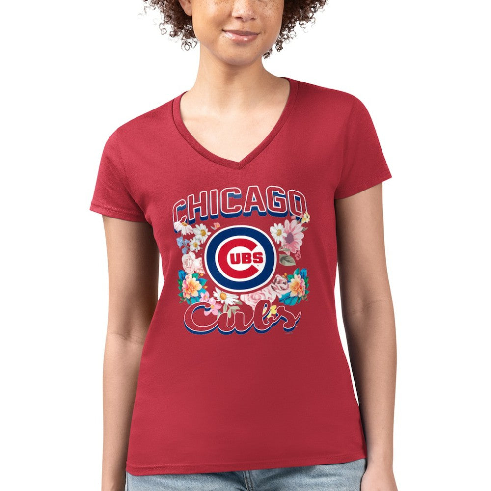 Chicago Cubs G-III 4Her by Carl Banks Women's Super-Slim Fit Lightweight Flowers Graphic V-Neck T-Shirt - MLB