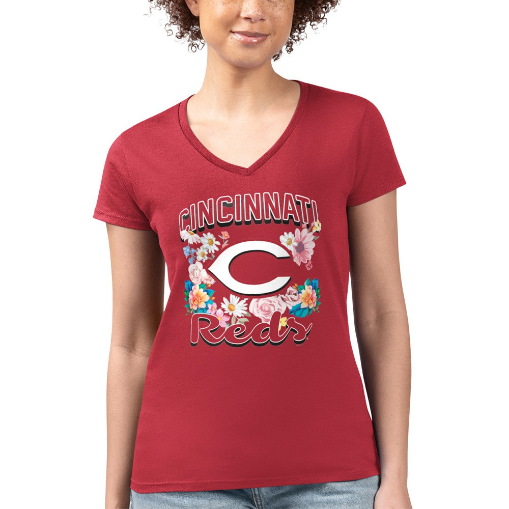 Cincinnati Reds G-III 4Her by Carl Banks Women's Super-Slim Fit Lightweight Flowers Graphic V-Neck T-Shirt - MLB