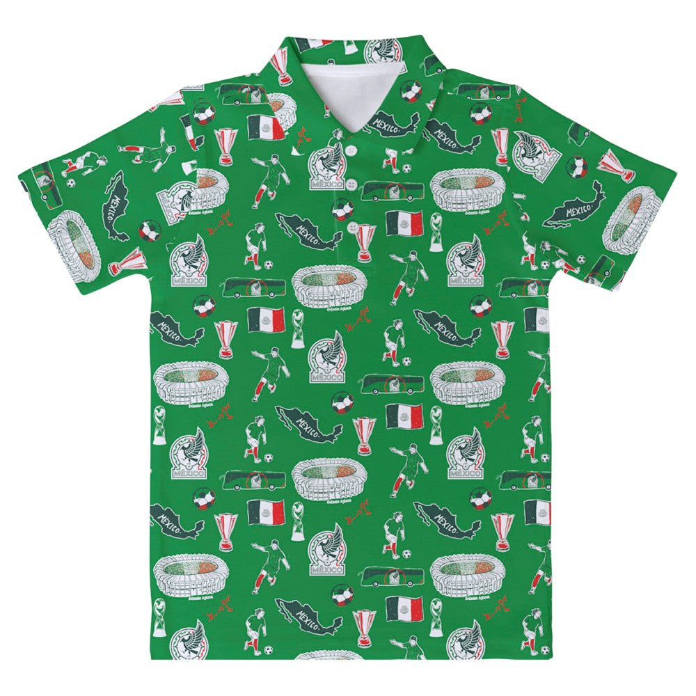 Mexico National Team Vive La Fete Youth Impressions Artwork Polo Green - FIFA World CUP
