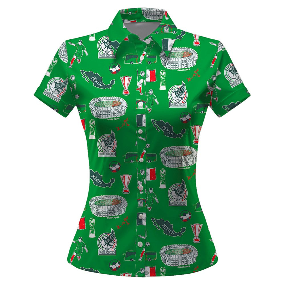 Mexico National Team Vive La Fete Women's Impressions Artwork Button-Up Shirt Green - FIFA World CUP
