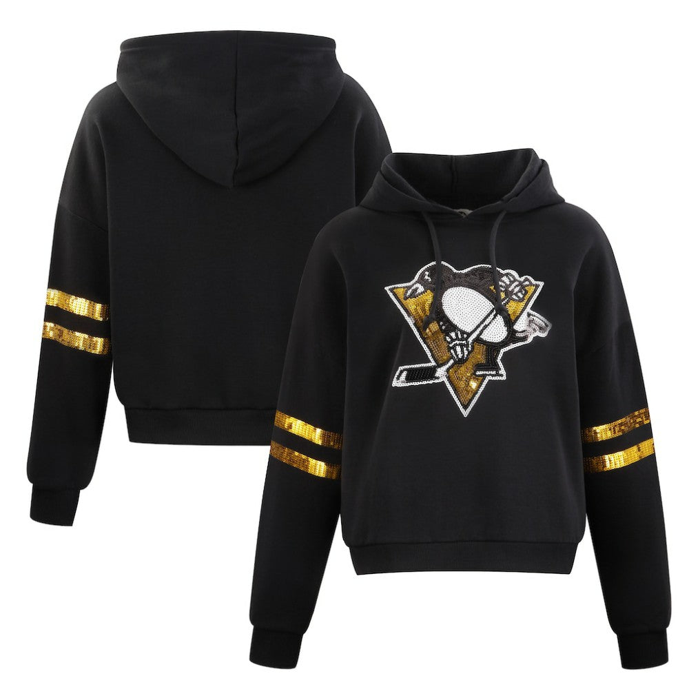 Pittsburgh Penguins Cuce Women's Sequin Cropped Pullover Hoodie - Black - NHL