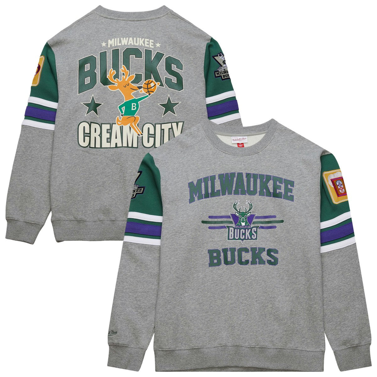 Milwaukee Bucks Hardwood Classics All Over 4.0 Pullover Sweatshirt Heather Gray - NBA
