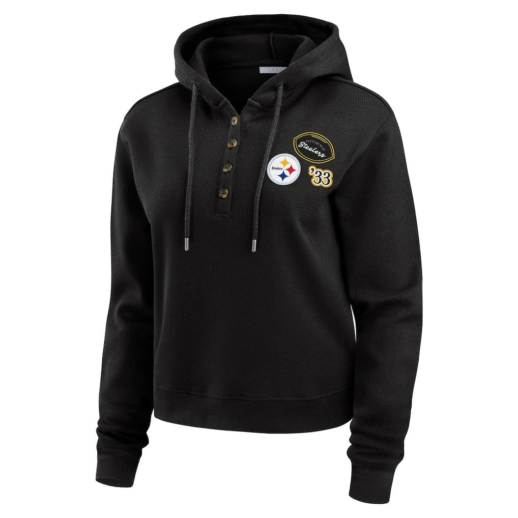 Pittsburgh Steelers WEAR by Erin Andrews Women's Plus Size Waffle Hoodie Pullover Top Black | NFL
