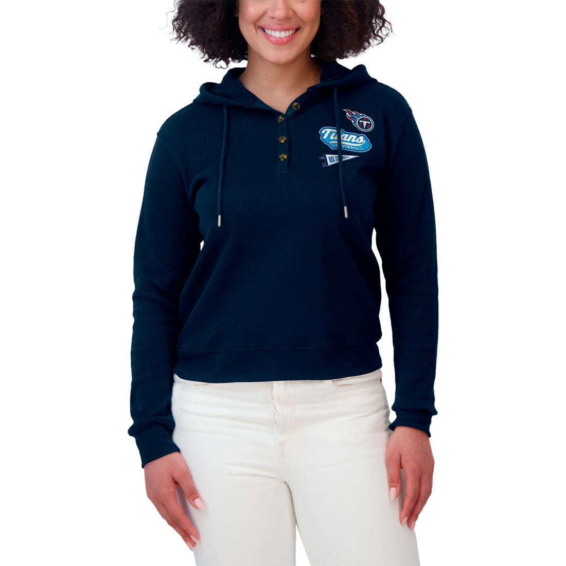 Tennessee Titans WEAR by Erin Andrews Women's Plus Size Waffle Hoodie Pullover Top Navy | NFL