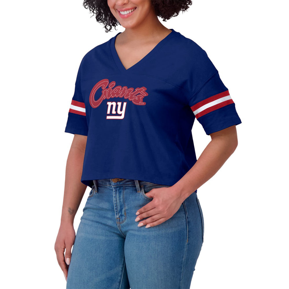 New York Giants WEAR by Erin Andrews Women's Plus Size Color Block Boxy T-Shirt Royal/White | NFL