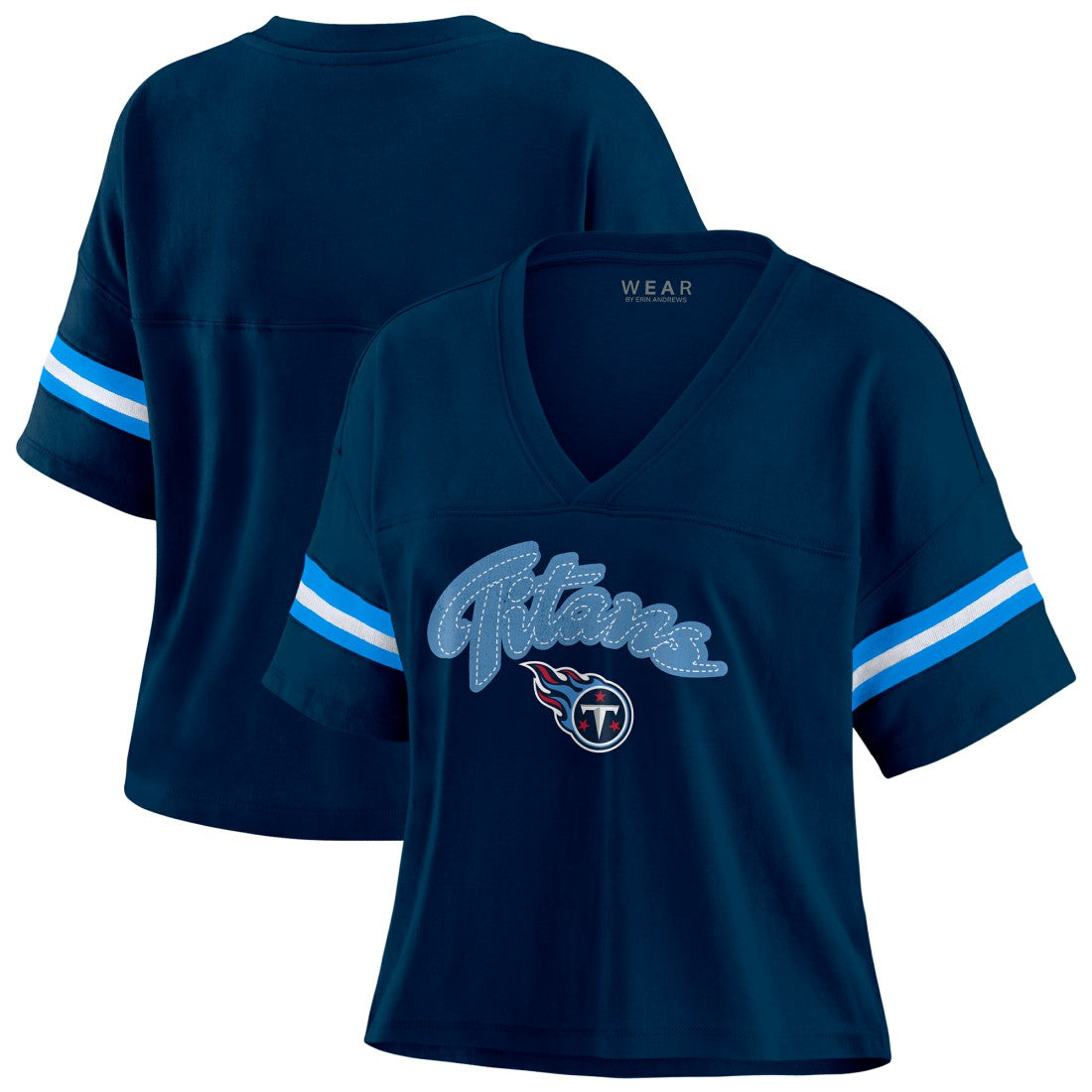 Tennessee Titans WEAR by Erin Andrews Women's Plus Size Color Block Boxy T-Shirt Navy/White | NFL