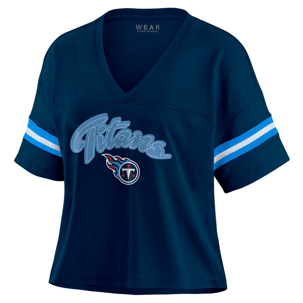 Tennessee Titans WEAR by Erin Andrews Women's Plus Size Color Block Boxy T-Shirt Navy/White | NFL