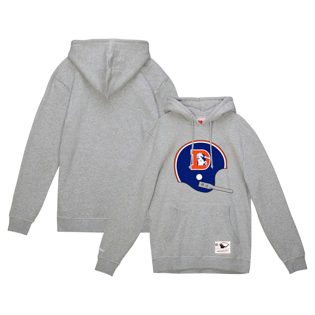 Denver Broncos Helmet Logo Vintage Pullover Hoodie Heather Gray | Mitchell & Ness