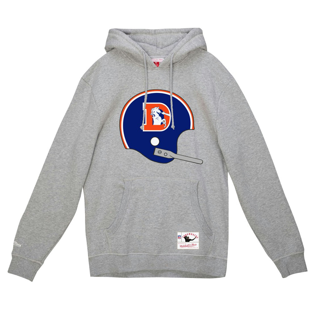 Denver Broncos Helmet Logo Vintage Pullover Hoodie Heather Gray | Mitchell & Ness