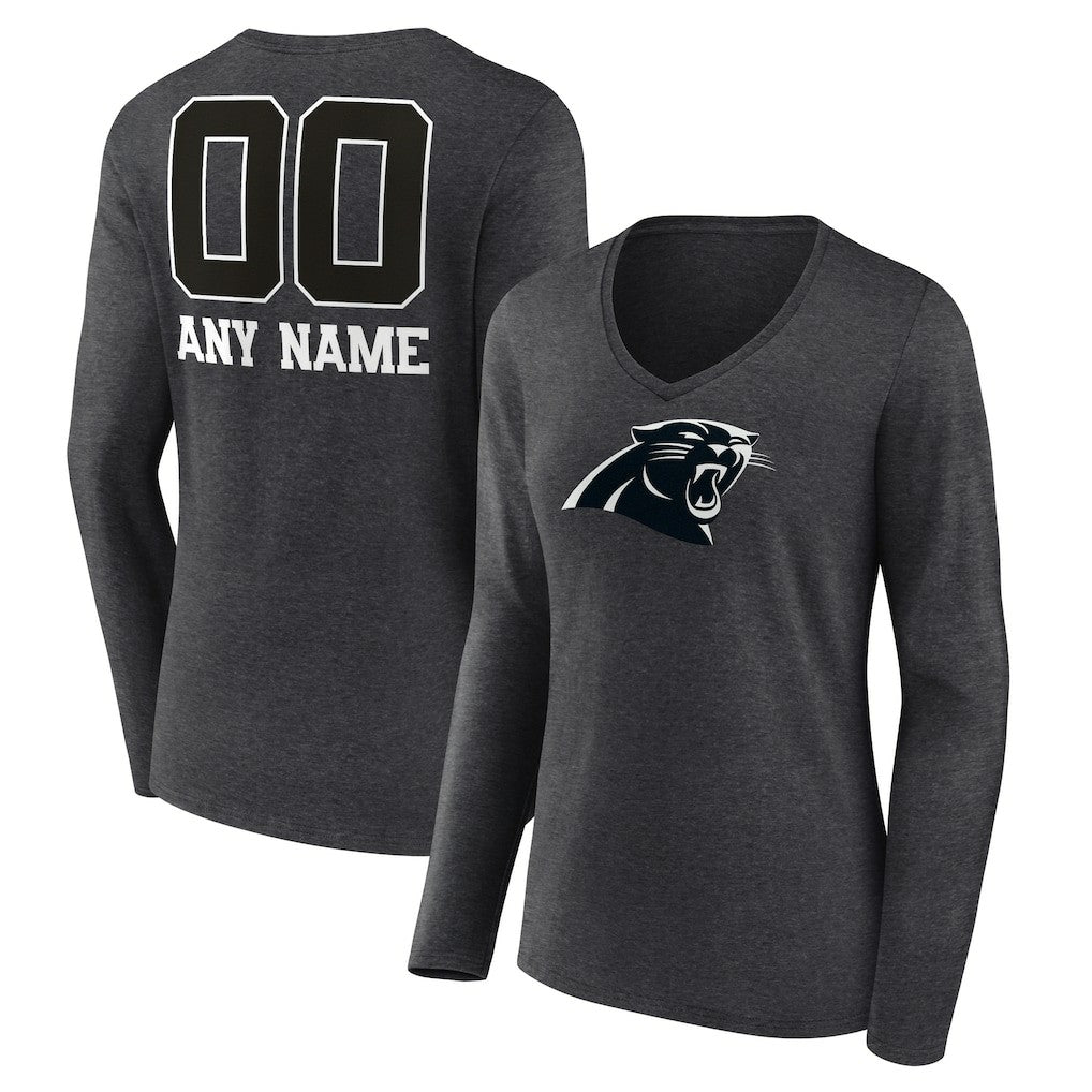 Carolina Panthers Women's Personalized Name & Number Monochrome V-neck T-Shirt Charcoal | NFL