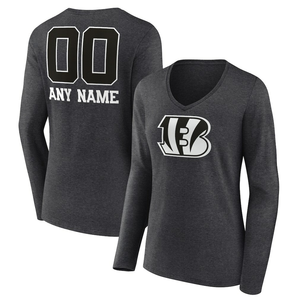 Cincinnati Bengals Women's Personalized Name & Number Monochrome V-neck T-Shirt Charcoal | NFL