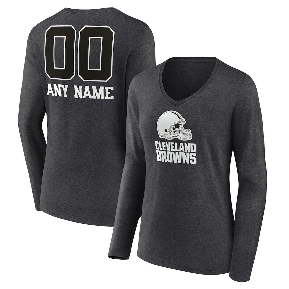 Cleveland Browns Women's Personalized Name & Number Monochrome V-neck T-Shirt Charcoal | NFL