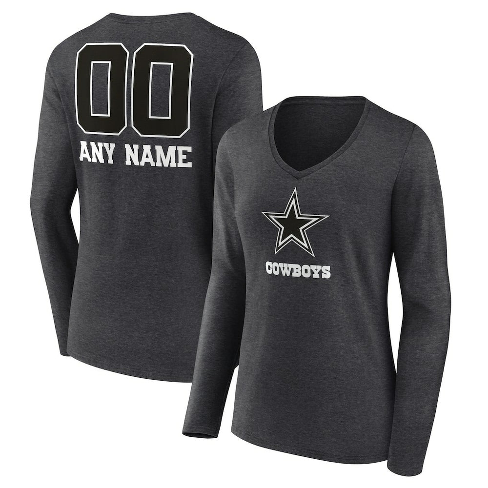 Dallas Cowboys Women's Personalized Name & Number Monochrome V-neck T-Shirt Charcoal | NFL