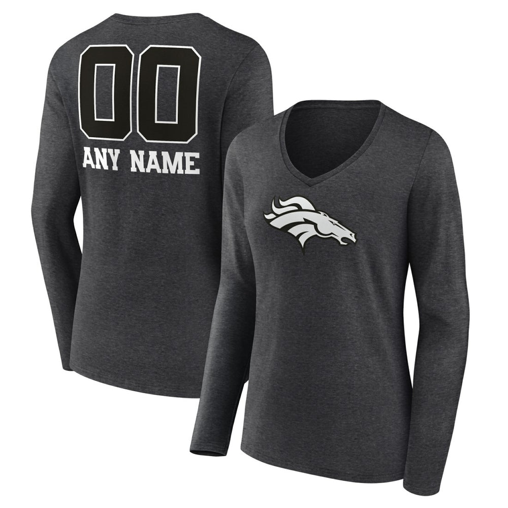 Denver Broncos Women's Personalized Name & Number Monochrome V-neck T-Shirt Charcoal | NFL