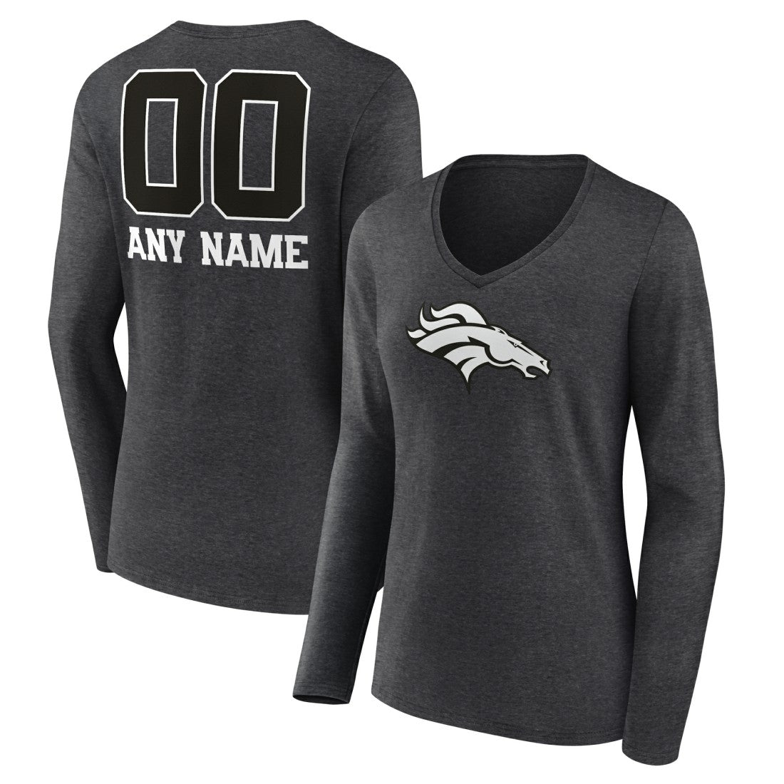 Denver Broncos Women's Personalized Name & Number Monochrome V-neck T-Shirt Charcoal | NFL