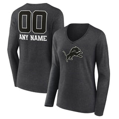 Detroit Lions Women's Personalized Name & Number Monochrome V-neck T-Shirt Charcoal | NFL