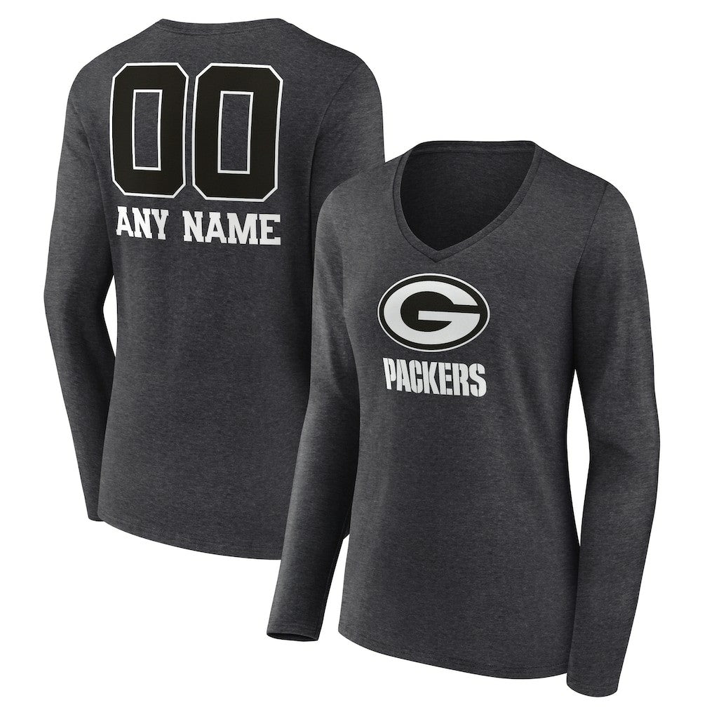 Green Bay Packers Women's Personalized Name & Number Monochrome V-neck T-Shirt Charcoal | NFL