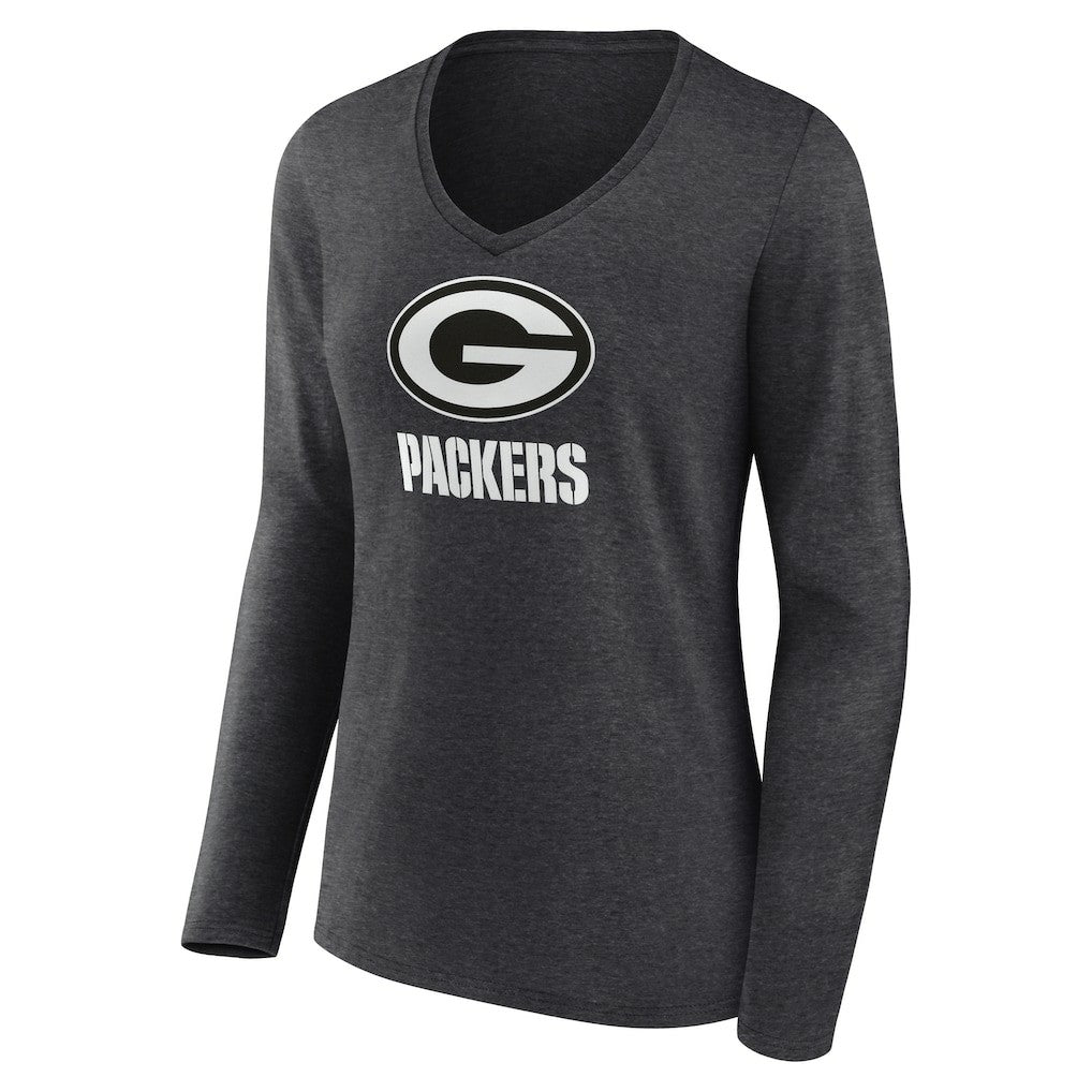 Green Bay Packers Women's Personalized Name & Number Monochrome V-neck T-Shirt Charcoal | NFL