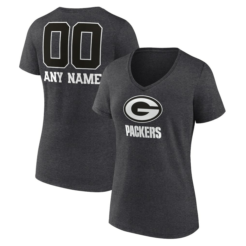 Green Bay Packers Women's Personalized Name & Number Monochrome V-Neck Long Sleeve T-Shirt Charcoal | NFL