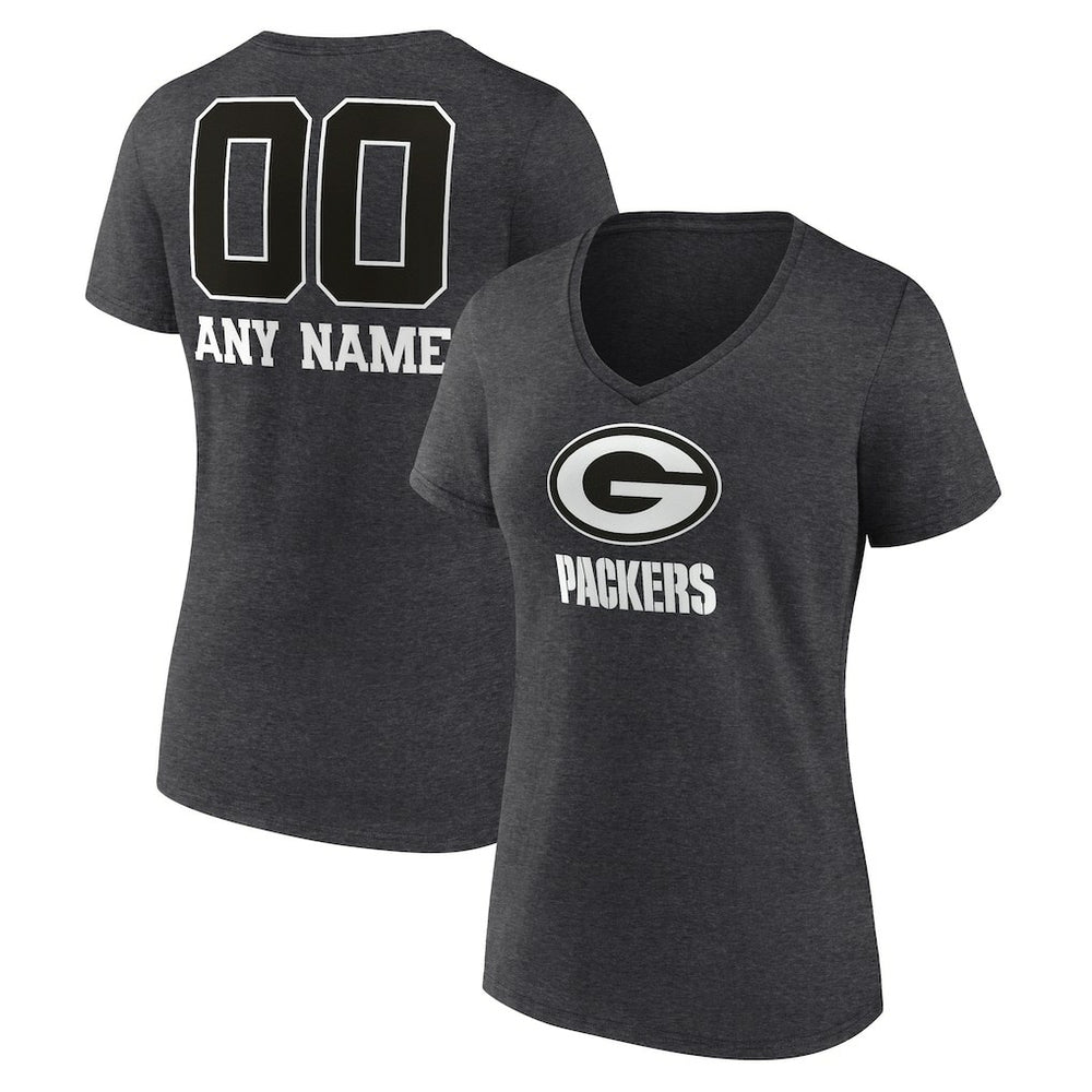Green Bay Packers Women's Personalized Name & Number Monochrome V-Neck Long Sleeve T-Shirt Charcoal | NFL