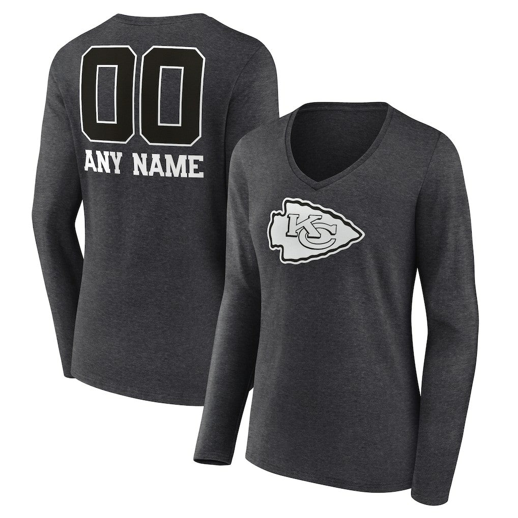 Kansas City Chiefs Women's Personalized Name & Number Monochrome V-neck T-Shirt Charcoal | NFL