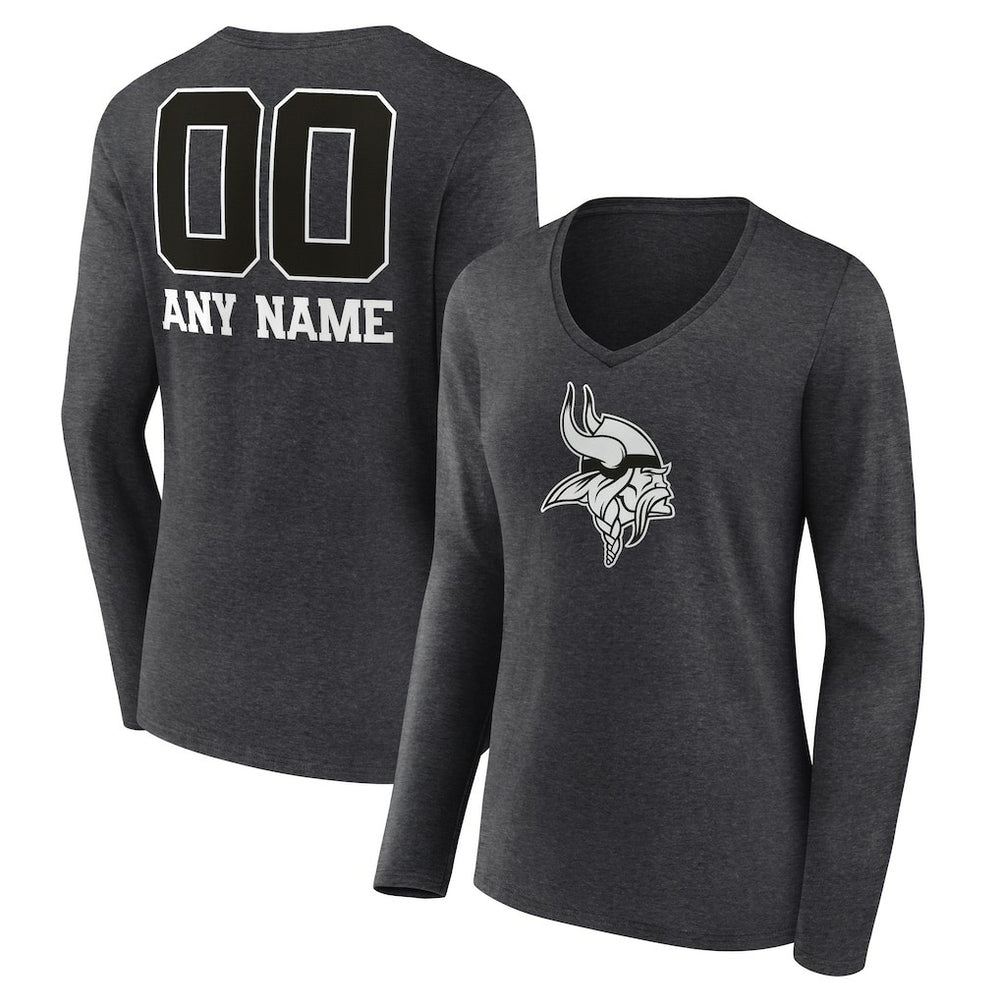 Minnesota Vikings Women's Personalized Name & Number Monochrome V-neck T-Shirt Charcoal | NFL